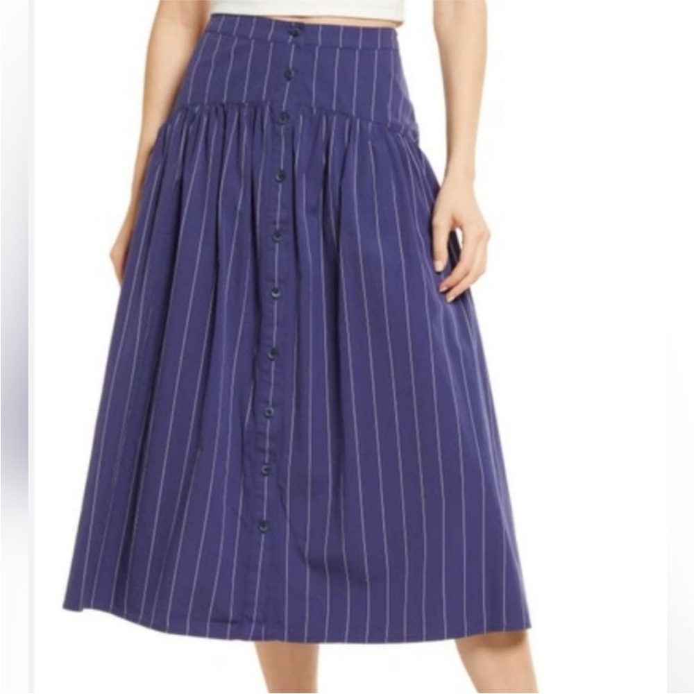 Treasure & Bond navy pin striped midi skirt